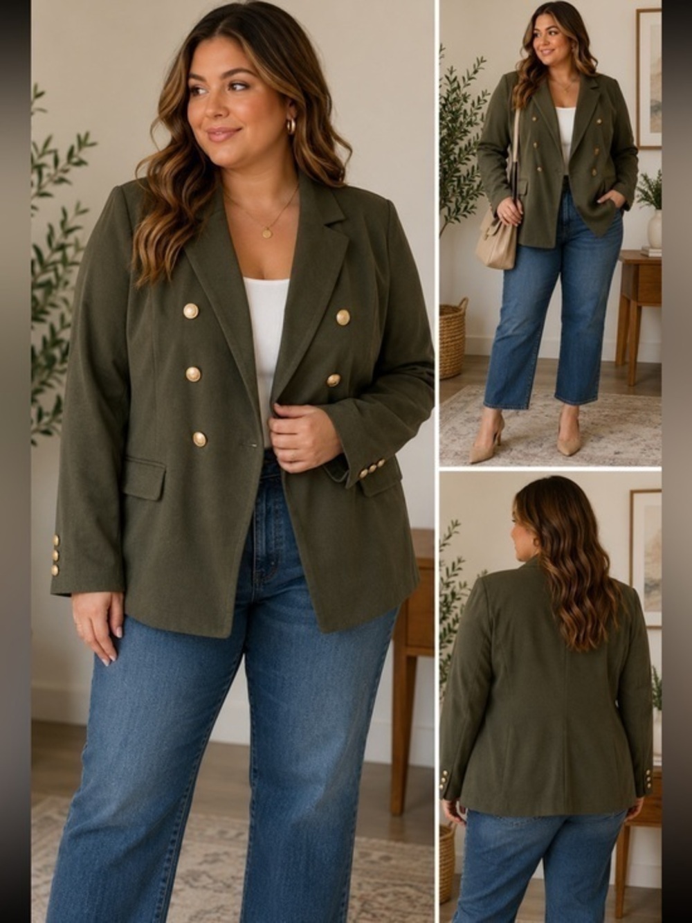 Lane Bryant Size 26 Olive Green Military Double Breasted Blazer Gold Buttons